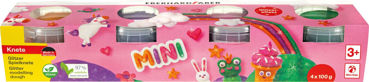 100 g Fun Kneading Fun for Children from 3 Years Colours: Orange Green Eberhard Faber 572511 Glitter Play Clay Set of 4 in Resealable Plastic Cups Pink Purple 4 x Approx